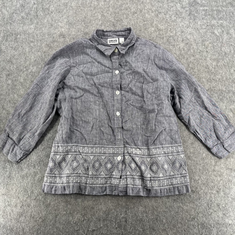 Vintage Chico's Design Shirt Womens Size 2 Tropical 100% Linen Button Up Blouse