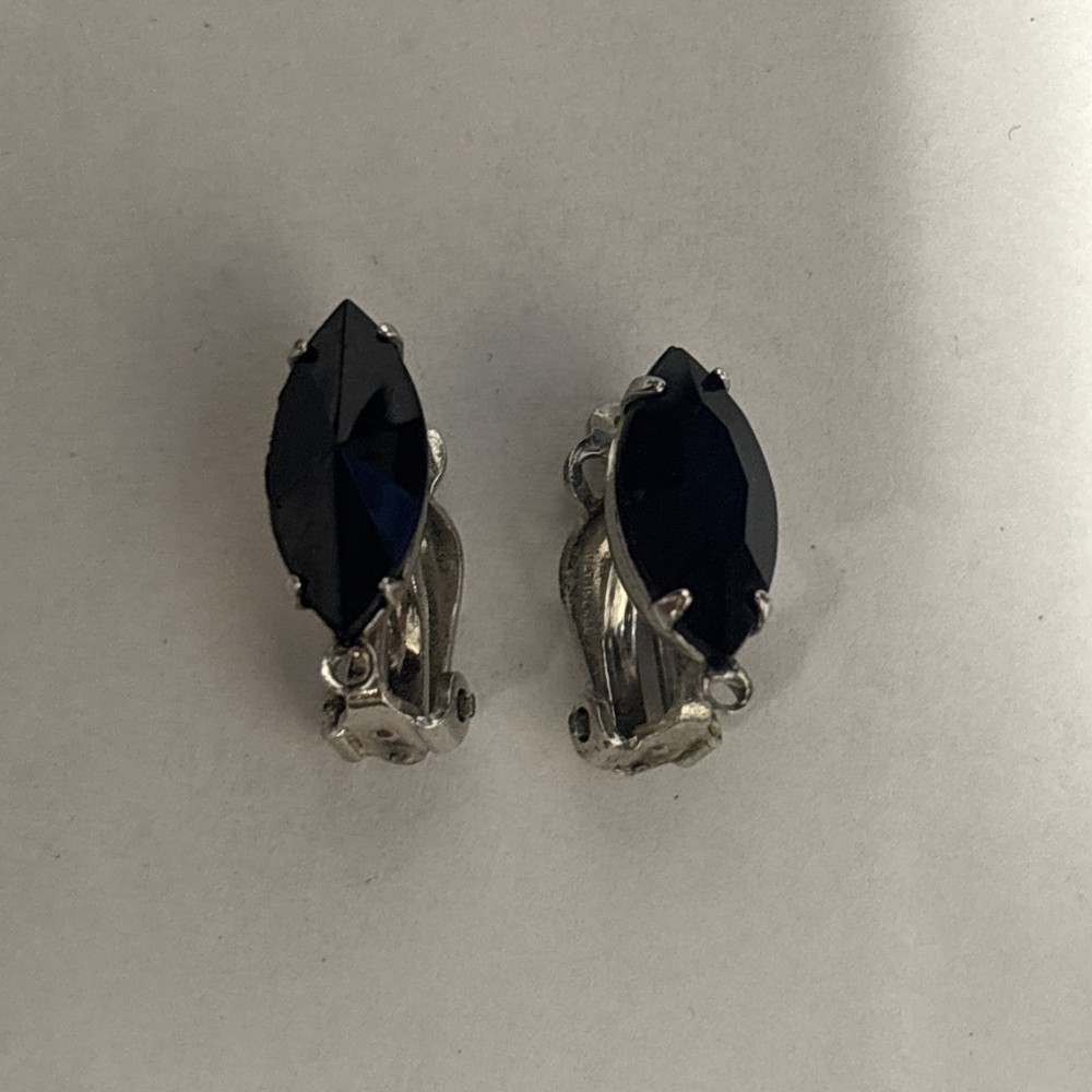 Earrings Rhinestones Lewis Segal CA Black Clip On  Vintage Silver Tone Signed