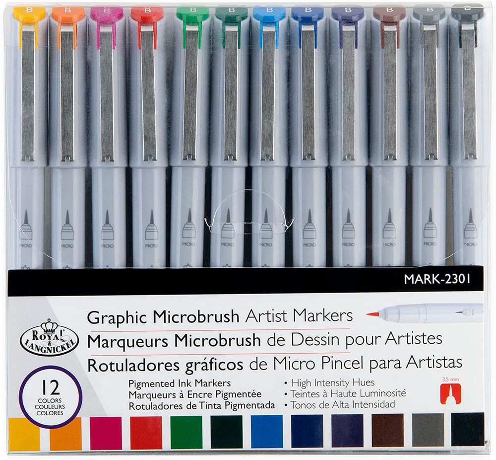 12 Vibrant Colored Graphic Microbrush Artist Markers for Detailed Drawing  