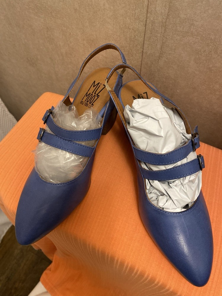 Miz Mooz Womens Enya Pump Heel Size 6.5 M Blue Round Toe Slingback Embellished
