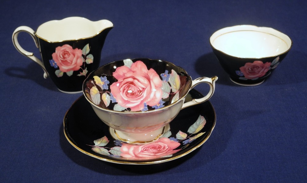 Paragon Bone China Pink Rose on Black Forget Me Not Tea Cup Saucer Creamer Sugar
