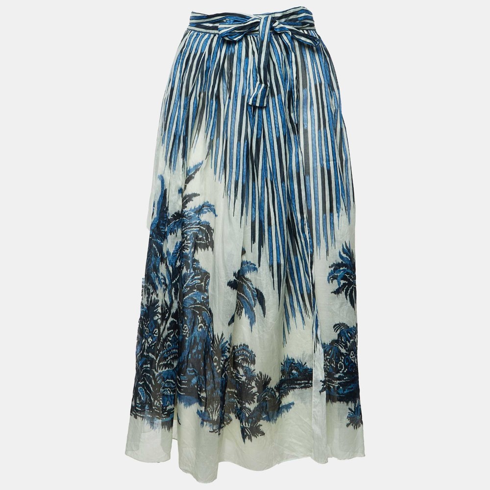 Dior Blue Palm Tree Stripe Print Cotton Wrap Midi Skirt S