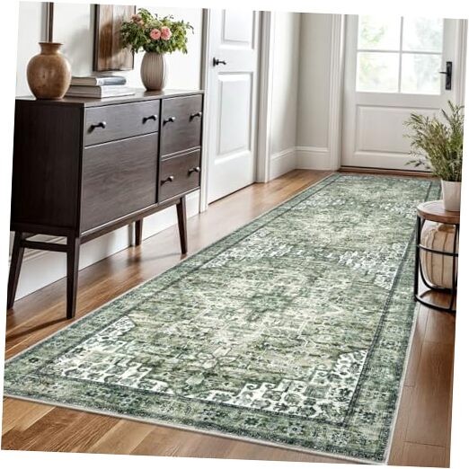 3x10 Washable Sage Green Runner Rug for Entryway Soft Printed Area 3ft x 10ft