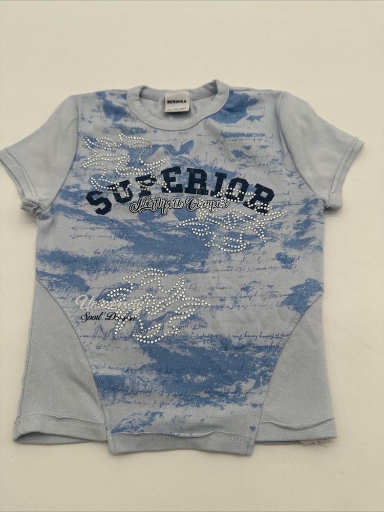 Bershka T-Shirt Women Small Rhinestones Graphic Print Blue ..#22626