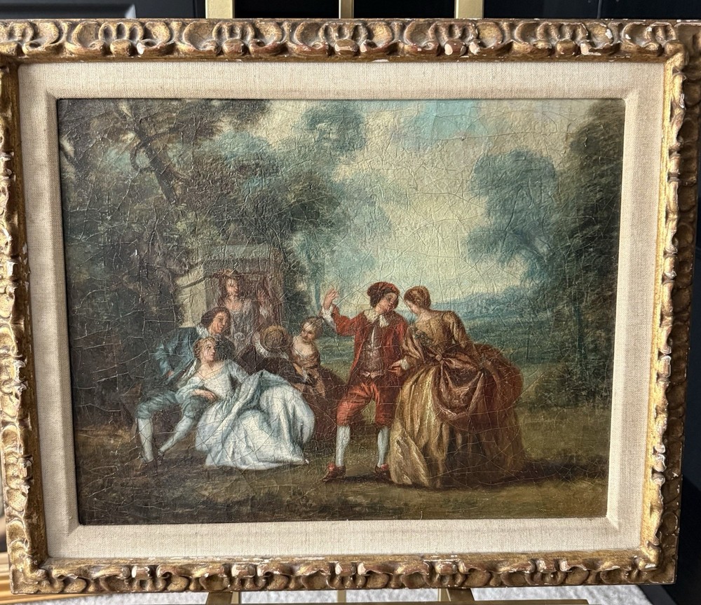 Antique 18th C Rococo Courtship Scene Oil Painting On Canvas