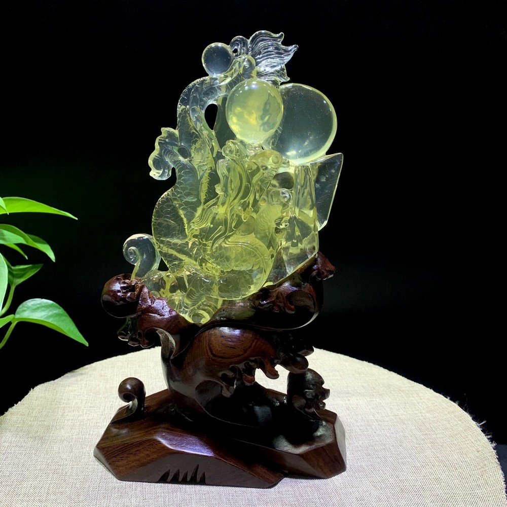 2.2LB Top natural Citrine crystal Quartz Carved Crystal dragon heal Gem+stand