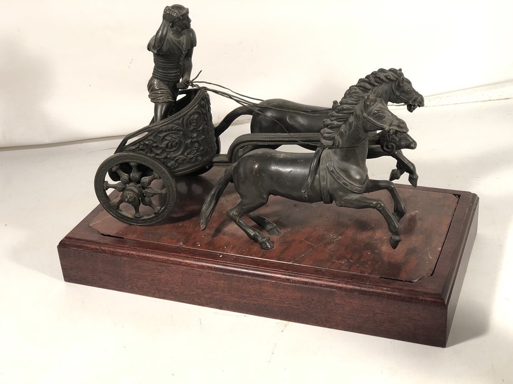Vintage Achilles Chariot Bronze Statue w2 Horses Red Marble On Wood Base Display-image