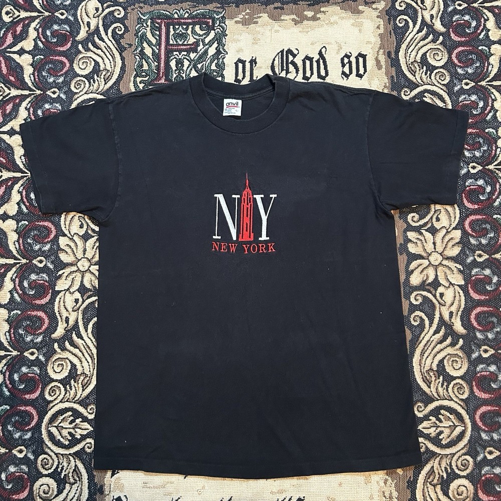 Vintage 90s New York Empire State Building Embroidered T-Shirt Size L USA Made