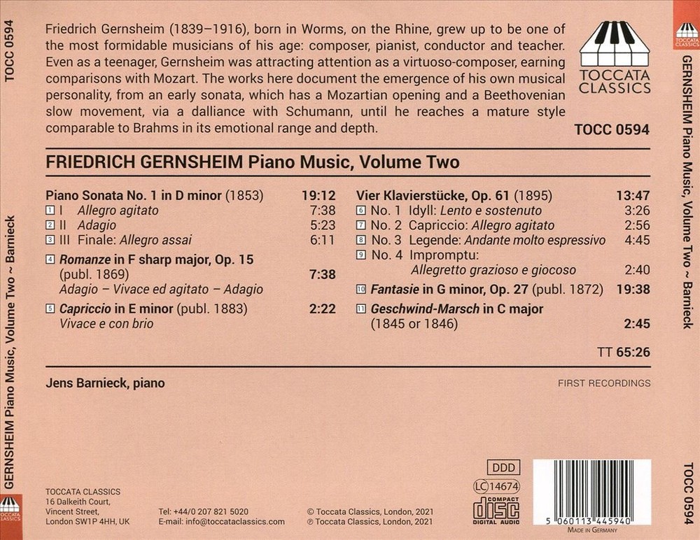 Jens Barnieck Friedrich Gernsheim: Piano Music, Vol. 2 New Cd