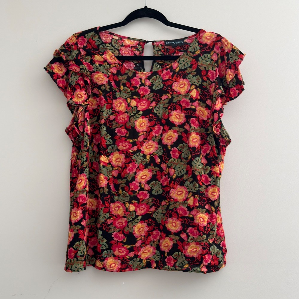 Cynthia Rowley Women Floral Flutter Sleeve Top Black Pink Rayon Blouse Large