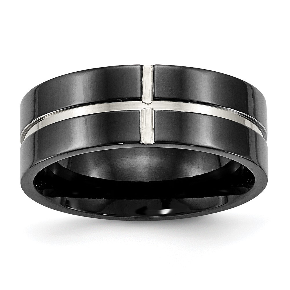 Titanium Polished Black IP-plated 8mm Grooved Comfort Fit Band Ring Size 7