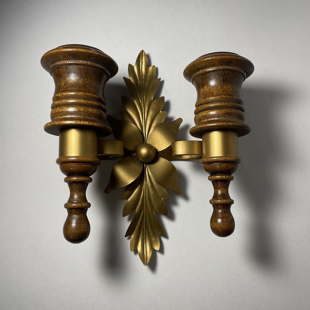 Vintage Double Wall Sconce Wood And Gold Metal Hanging Candle Holder MCM