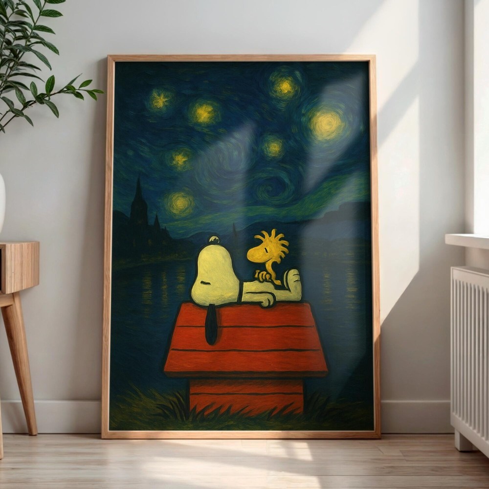 Snoopy Starry Night Poster Snoopy Van Gogh Inspired Dreamy Wall Art Print