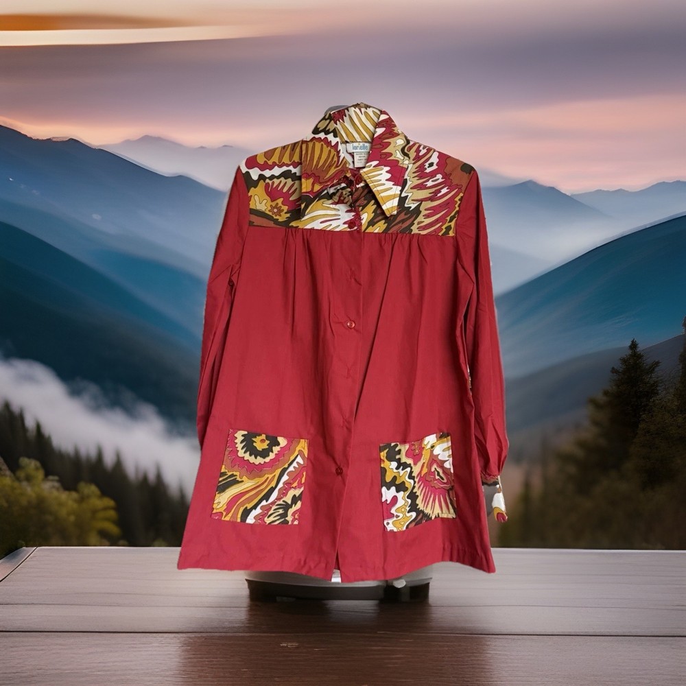 Vtg 60s 70s LORIELLE Smock Top Psychedelic Mod Red Artist Tunic Pockets L NOS