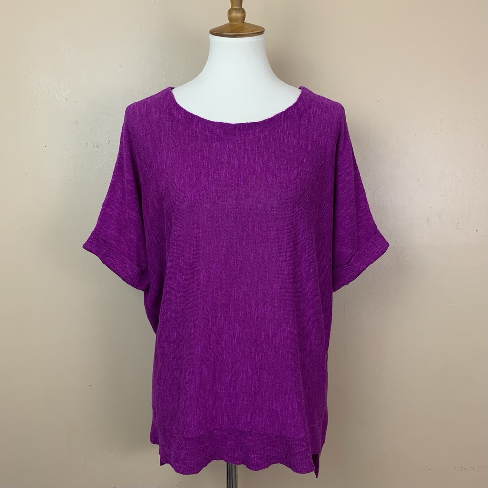 Eileen Fisher Top Womens Medium Purple Pink Organic Linen Cotton Short Sleeve