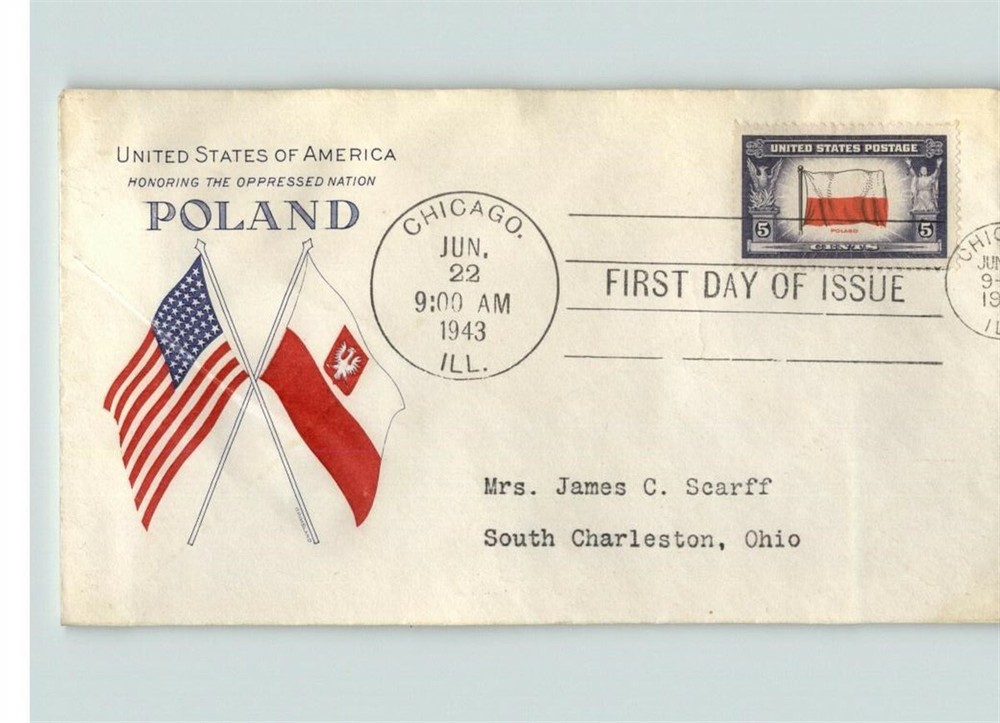 POLAND, Overrun Country in World War II, Chicago cancel, Poland/ US Flags