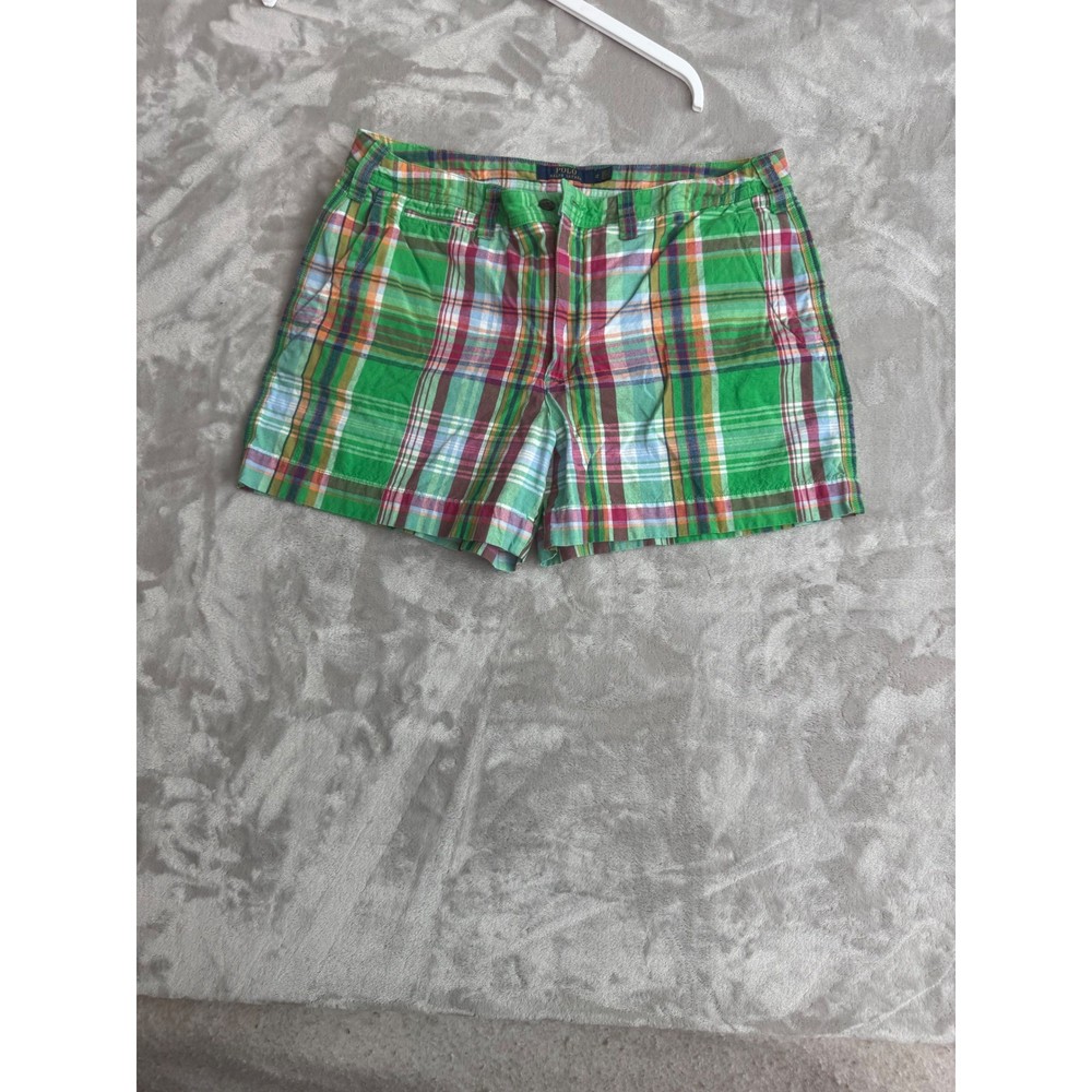 Polo Ralph Lauren Green Madras Plaid Cotton Linen Shorts Womens Size 12