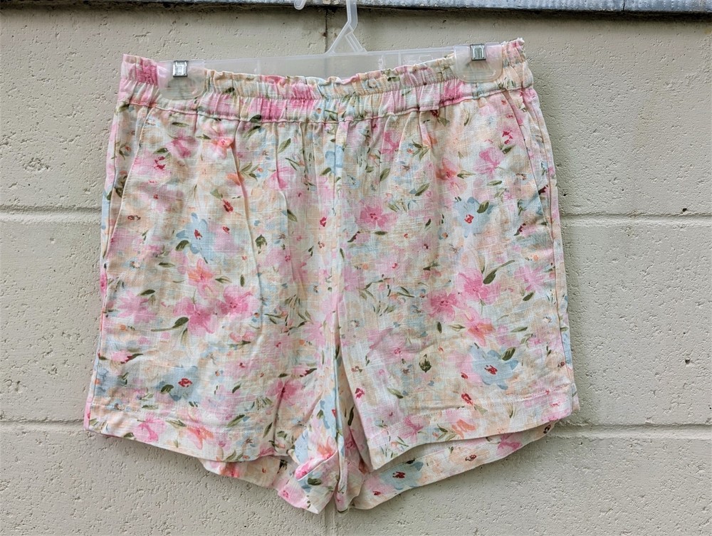 BLACK TAPE Womens Lightweight Linen Rayon Pull On Shorts Pink Floral Size Small