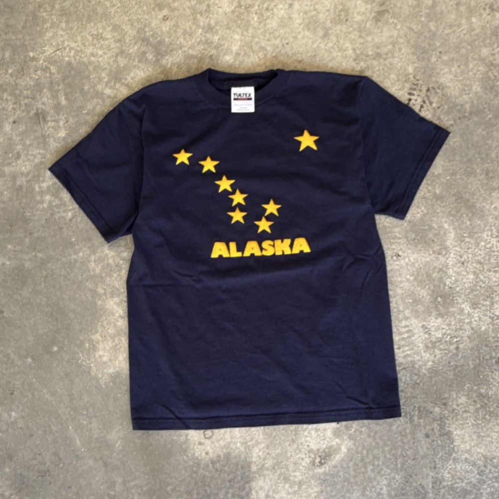 VTG Tultex Men's L Blue Alaska Flag Graphic Short Sleeve Cotton T-Shirt