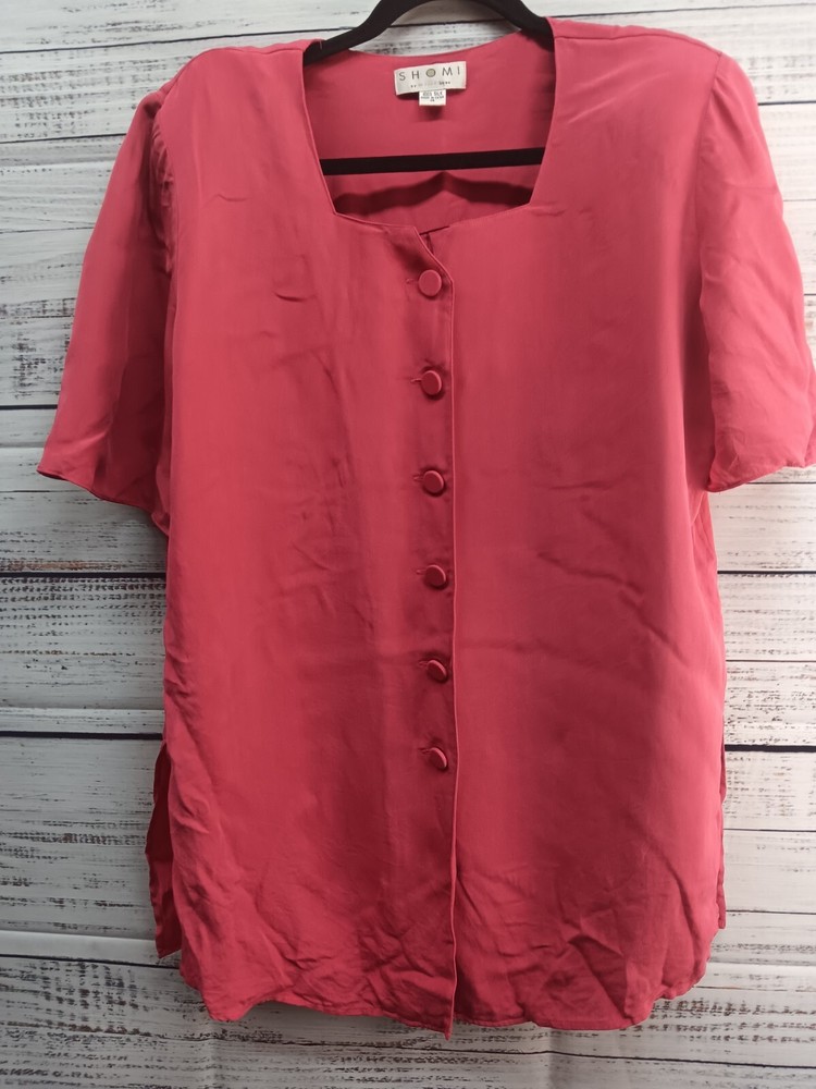 Shomi by Miller Blouse Women's 14 Shor Short Sleeve 100% Silk Button-Up