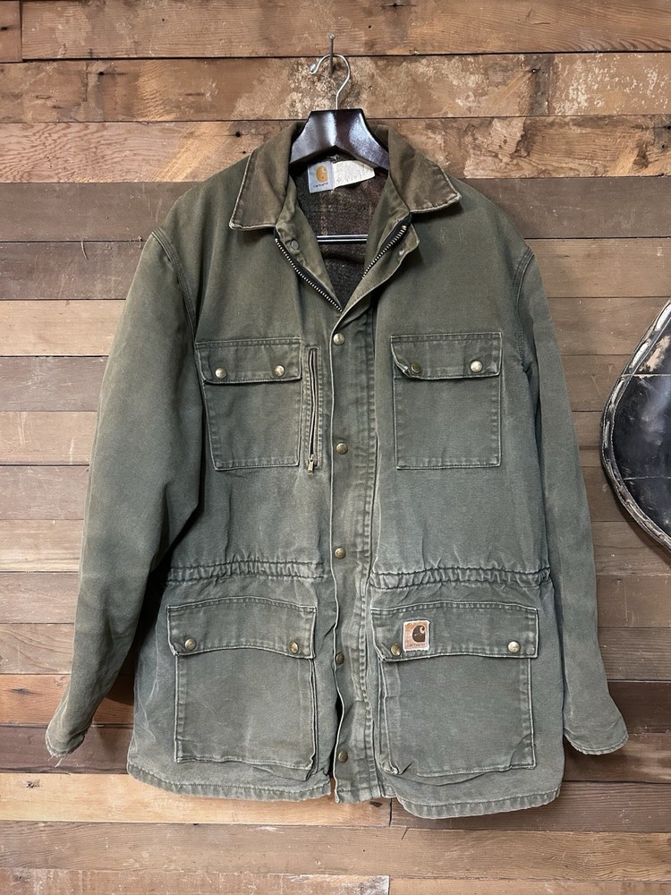 Vintage Carhartt Blanket-Lined Duck Canvas Chore Coat Olive Green Distressed