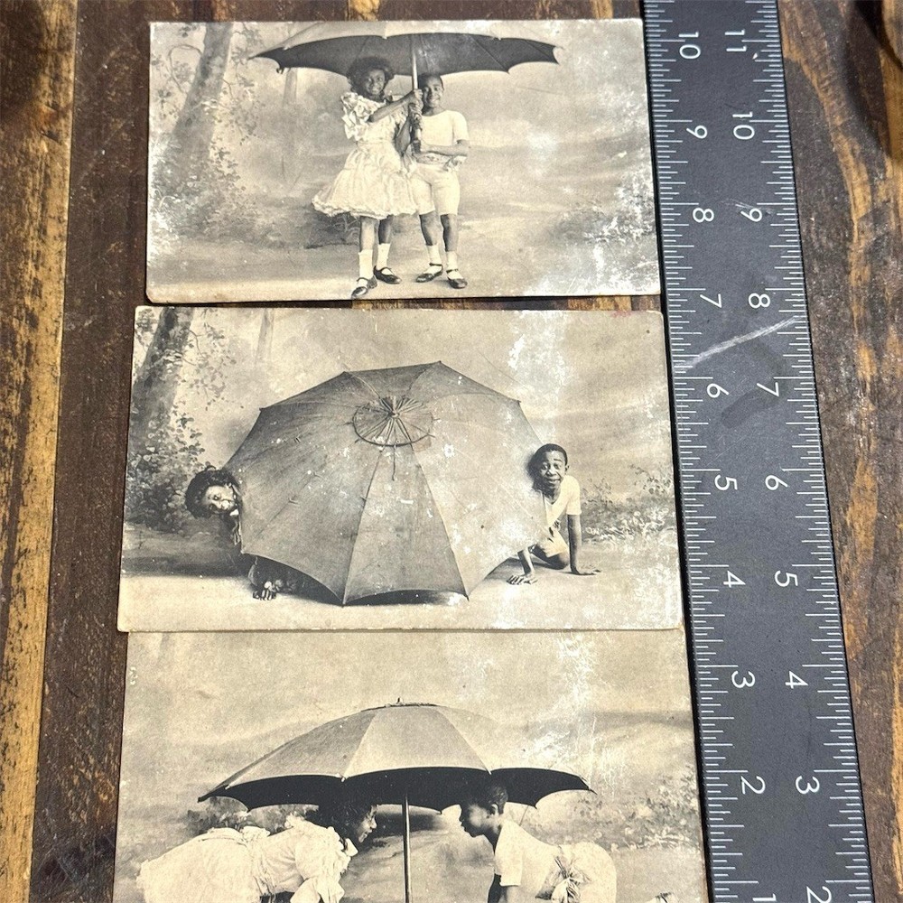 Lot of 3 RPPC Black Americana  Postcards Children with Umbrella Studio Portrait