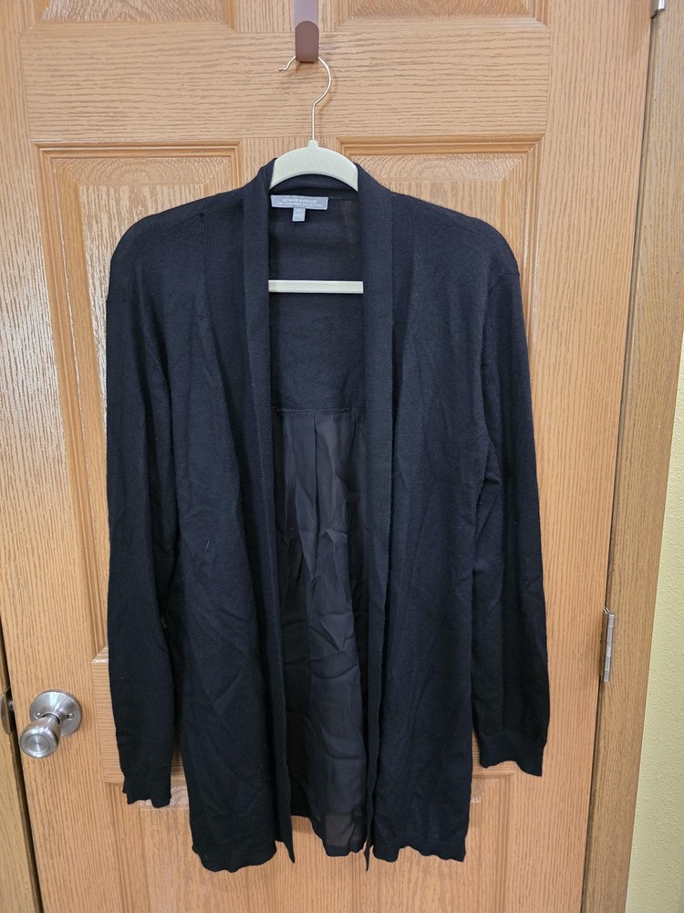 Neiman Marcus Cardigan Sweater Womens XL Black Cashmere Open Front Sheer Back