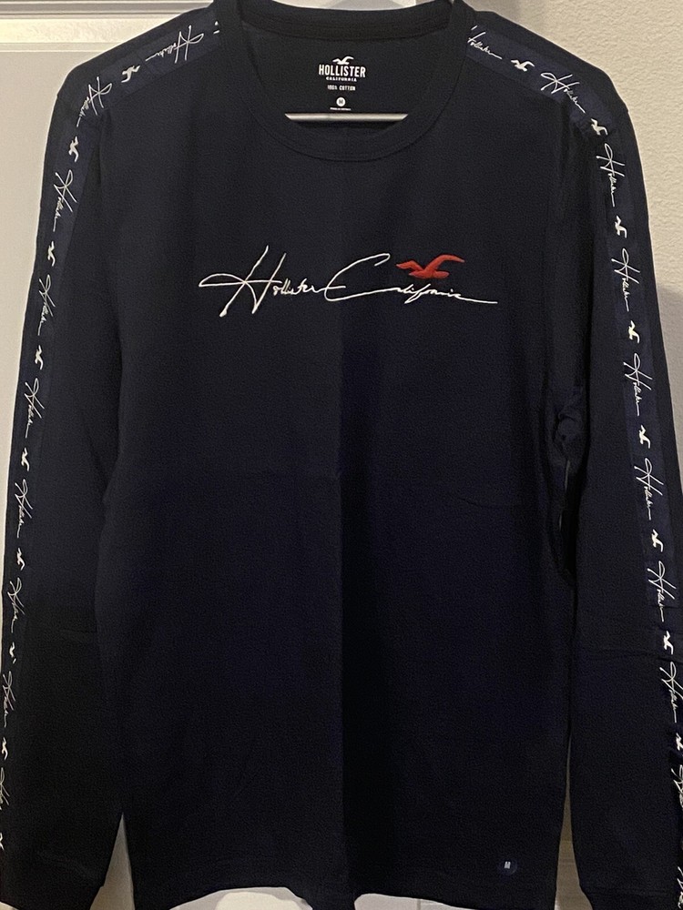 Hollister Men's X-Large Size Navy & White Long Sleeve Crewneck Graphic Tee