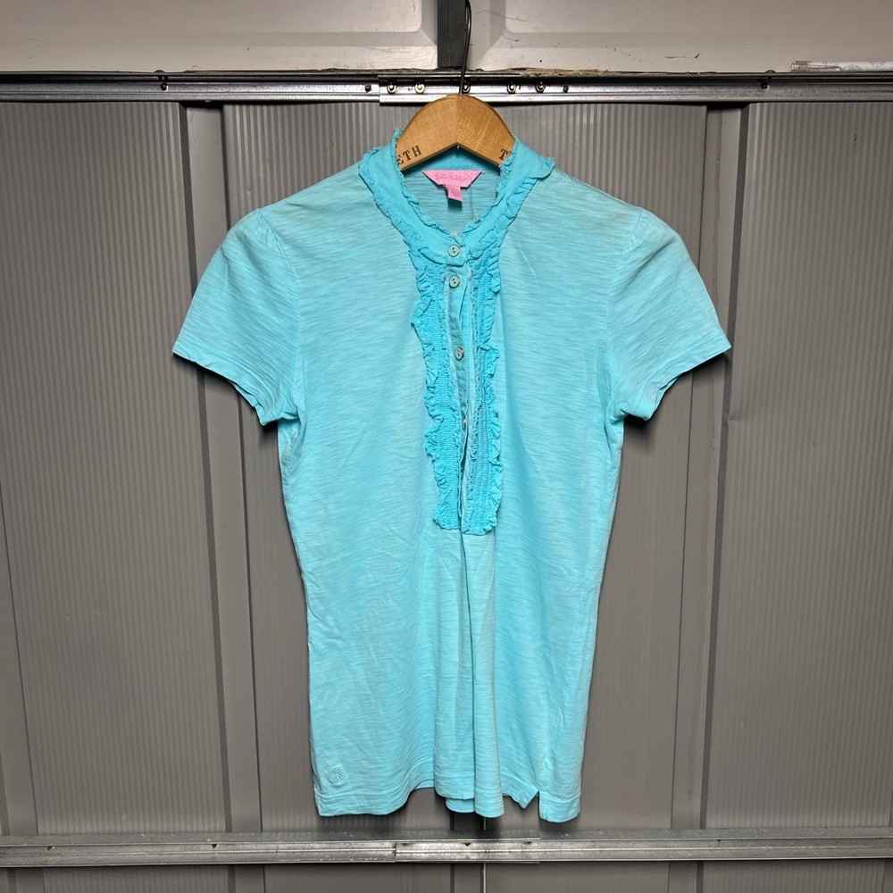 Lilly Pulitzer UPF 50+ Luxletic Frida Ruffle Polo Top Blue Horizon Size Sm Teal