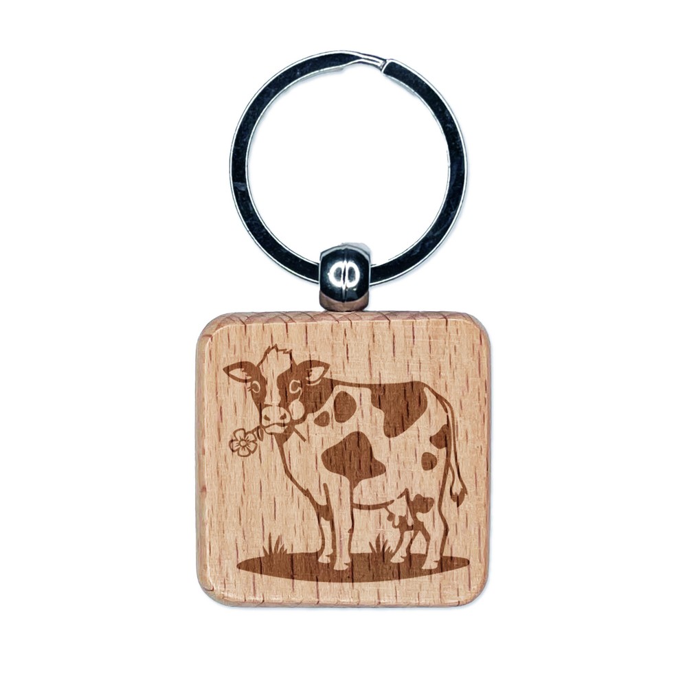 Cute Cow Eating Flower Engraved Wood Square Keychain Tag Charm