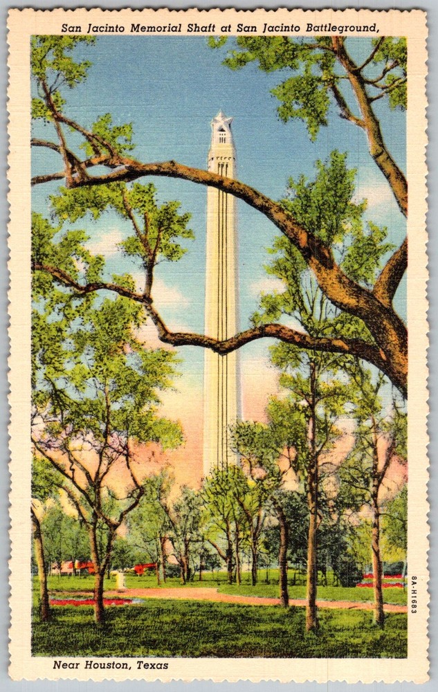Vtg Linen Postcard San Jacinto Memorial Shaft Houston, TX 1930s