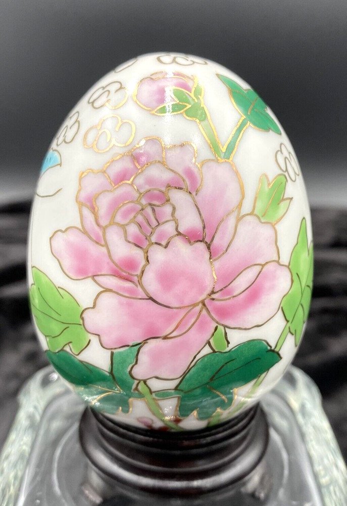 Vintage Japanese Hand-Painted Porcelain Egg, Pink Lotus Flower, w/wood stand