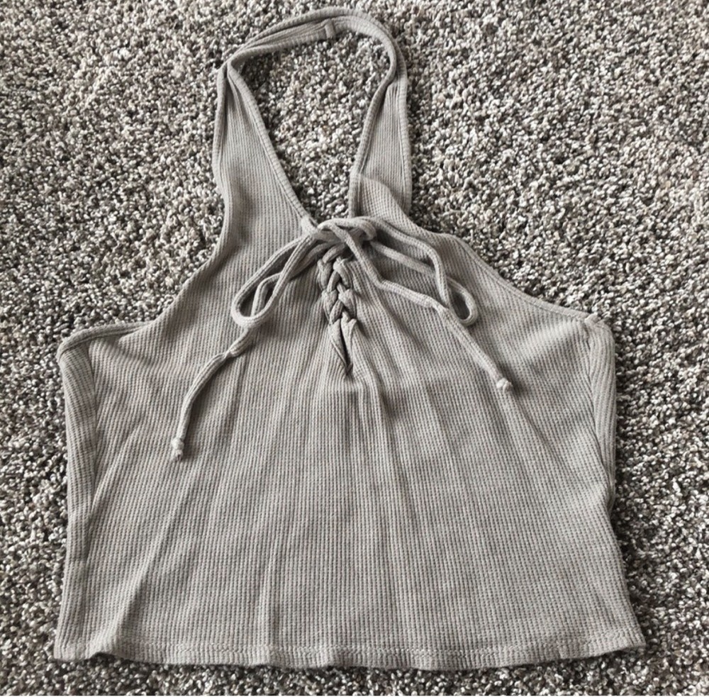 Kendall & Kylie Women's Beige/Brown Ribbed Halter Crop Tank Top Size Xs