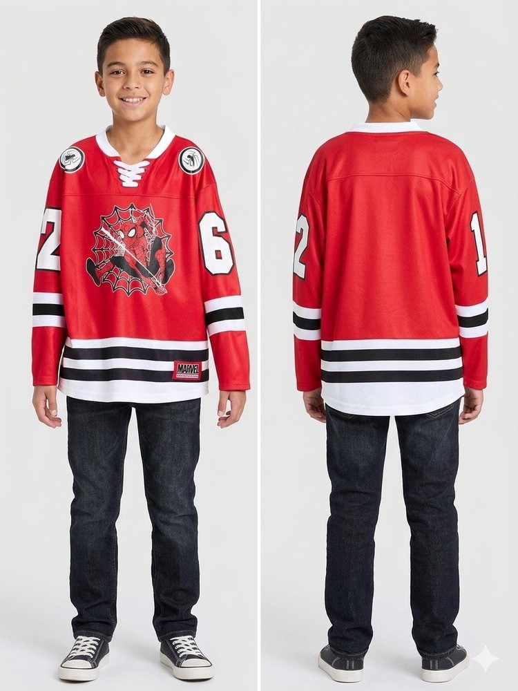 New Marvel Spider-Man Men’s Hockey Jersey T-Shirt Lace-Up V-Neck Mesh XL Red