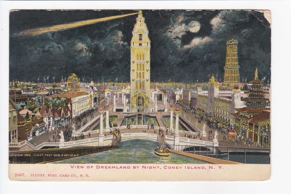 View Of Dreamland By Night Coney Island New York Amusement Park DB Postcard
