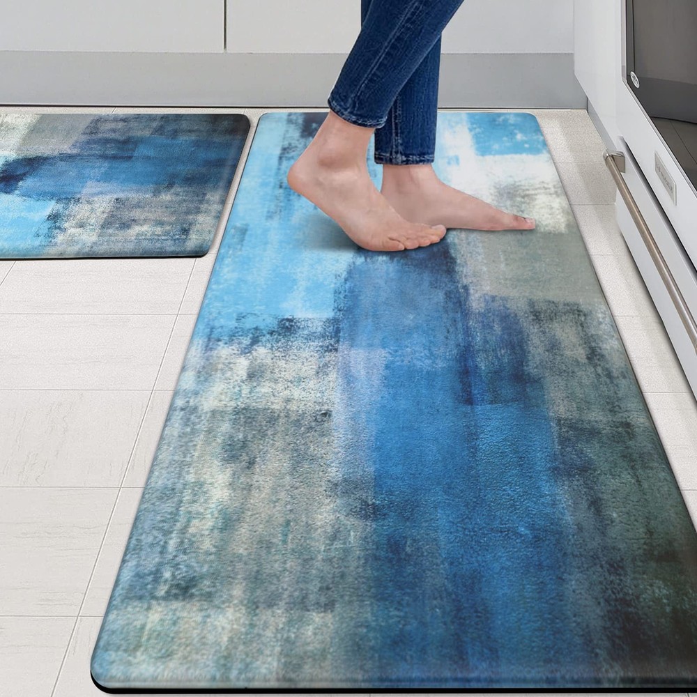 Anti Fatigue Kitchen Mat Set of 2 - Teal and Marble Design Comfort Mats for Standing Support