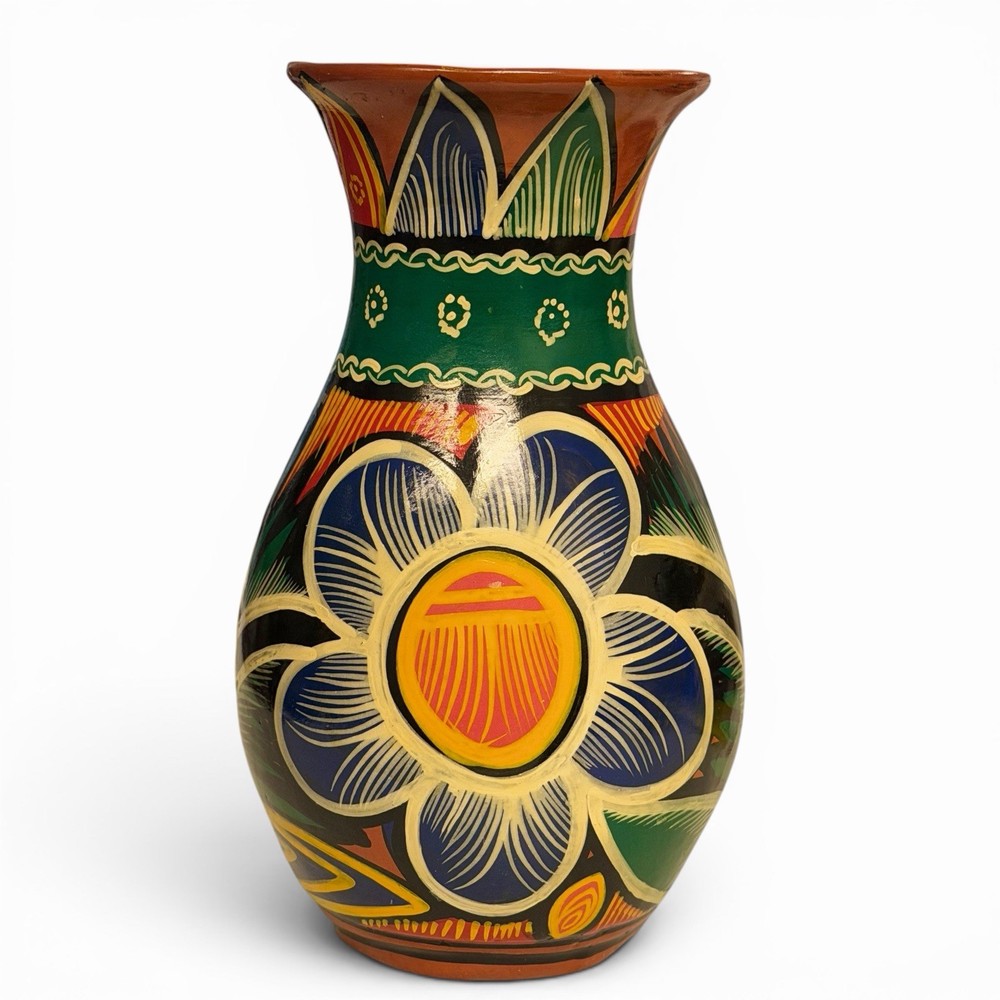 Mexican Talavera Folk Art Terracotta Vase Hand Painted Floral Ceramic Clay 8