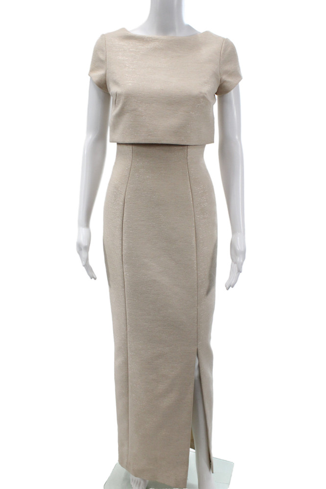 Theia Women Sheath Dress Beige Boat Neck Short Sleeve Polyester Blend Size 0Free Shipping in US $100+ Orders | $6.95 Orders Below