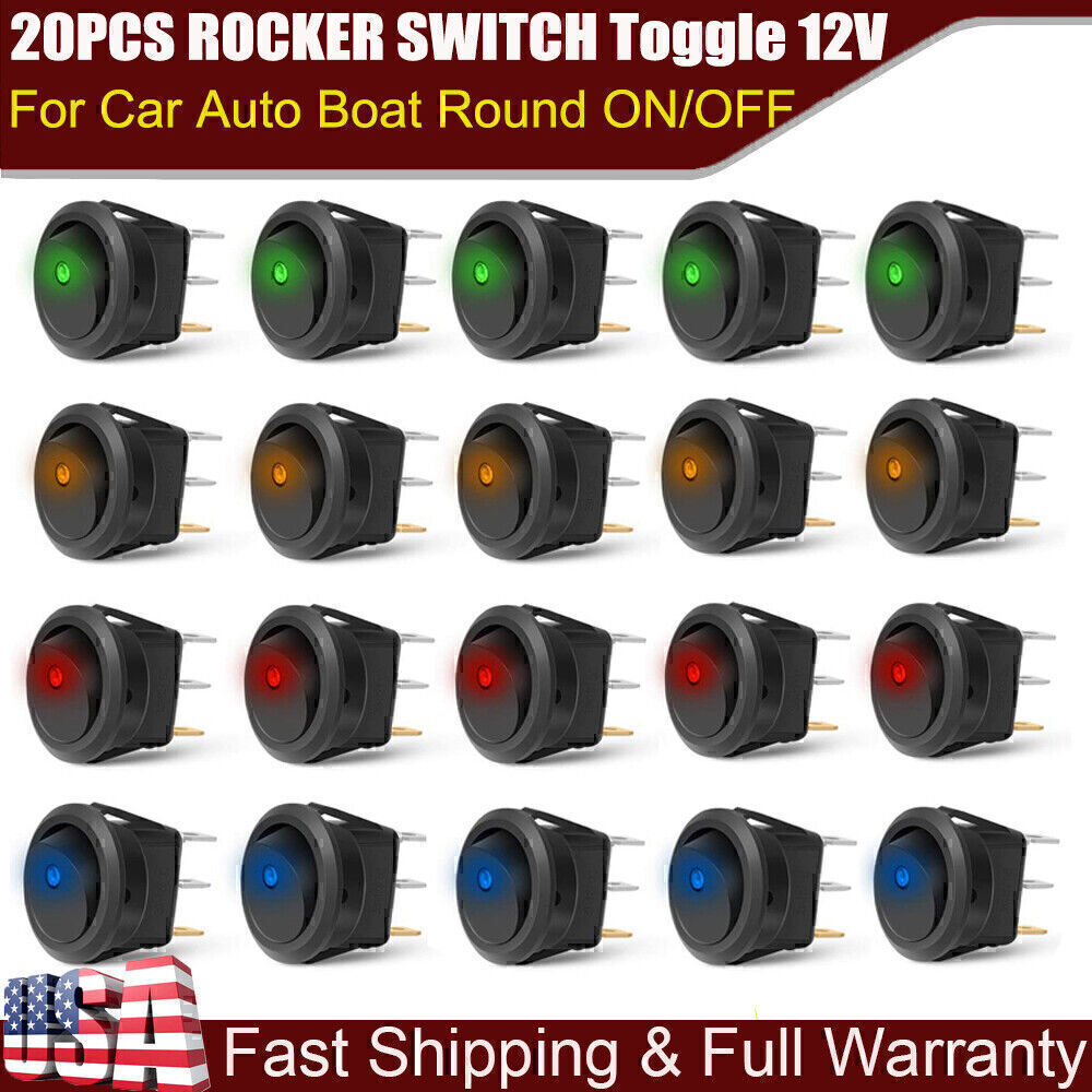 (20) ROCKER SWITCH Toggle 12V Led Light Car Auto Boat Round ON/OFF SPST 20 AMP