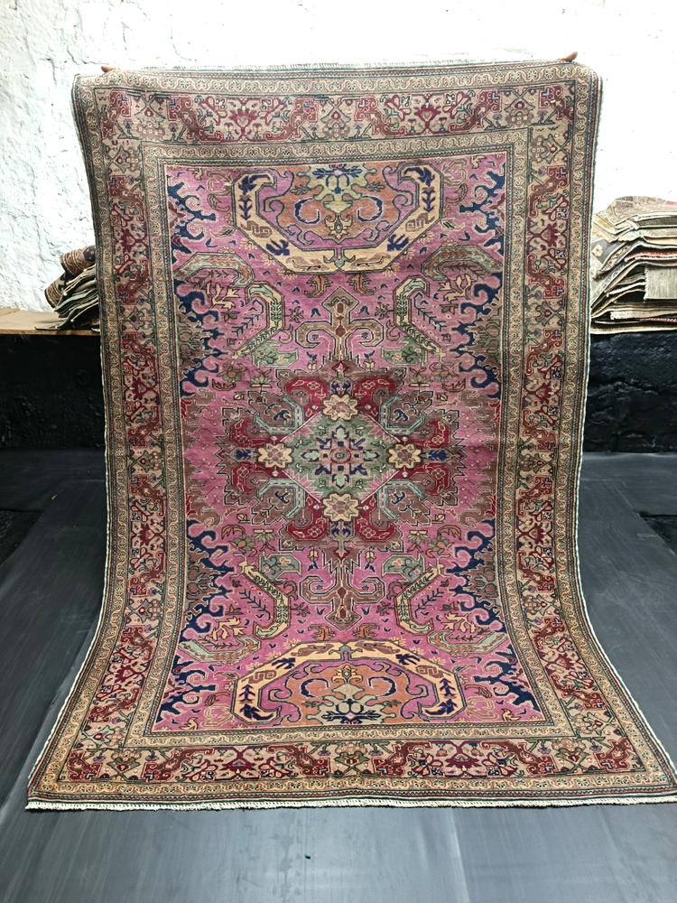 Unique Pink Turkish Vintage Carpet, 4.8x7.1ft, Antique Handmade Oriental Rug,