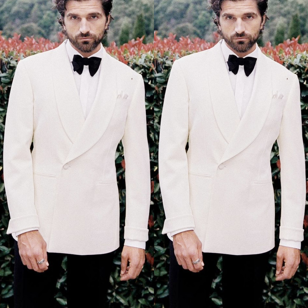 White Men's Suit for Wedding Bridal Tuxedo Shawl Lapel Prom Groomen 2Pcs