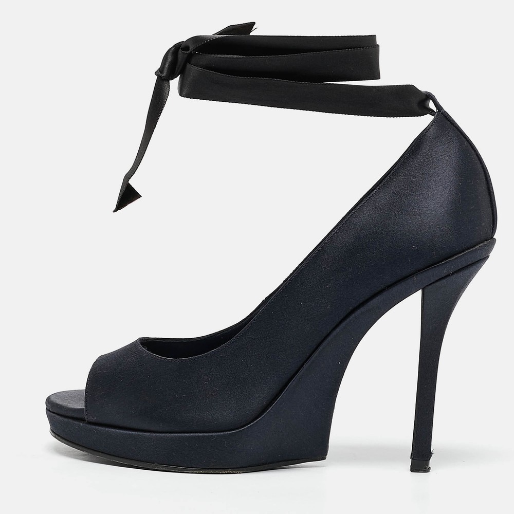 Saint Laurent Navy Blue Satin Ankle Wrap Platform Pumps Size 37