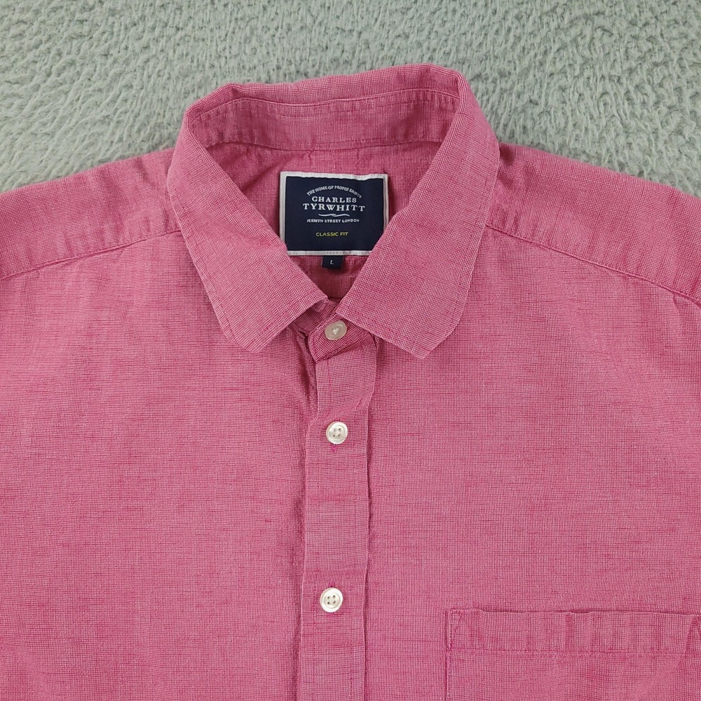 Charles Tyrwhitt Shirt Mens Large Pink Classic Fit Short Sleeve Linen Cotton