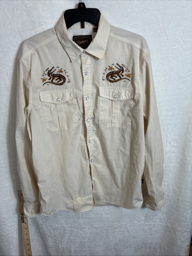 Howler Brothers Gaucho  Pearl Snap shirt Men Med Lazy gator Performance EUC