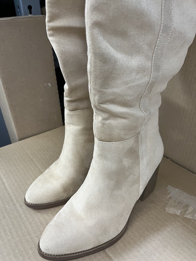 Ermonn Womens Faux Suede Knee High Side Zipper Chunky Heel Pointed Toe Boots  7