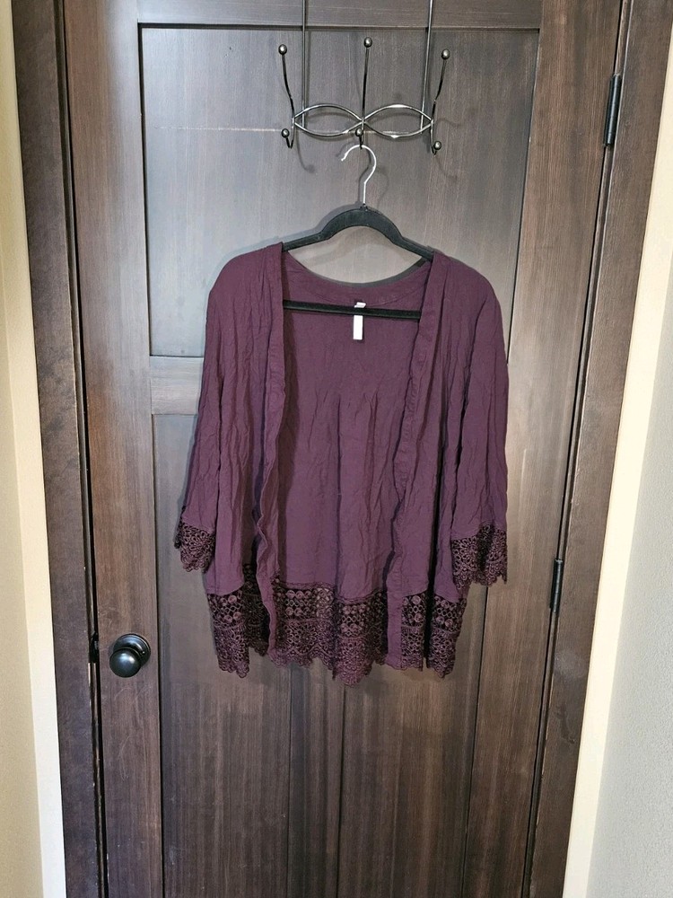 EUC Women's Purple Boho Open Front Lace Trim Shrug Blouse Top Size XXL 2XL