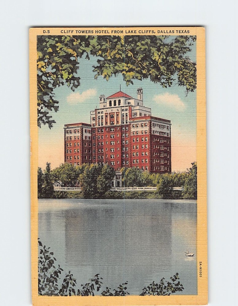 Postcard Cliff Tower Hotel from lake Cliffs Dallas Texas USA