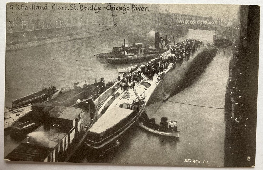 Printed Postcard - SS Eastland Disaster, Clark Street Bridge, Chicago River, IL