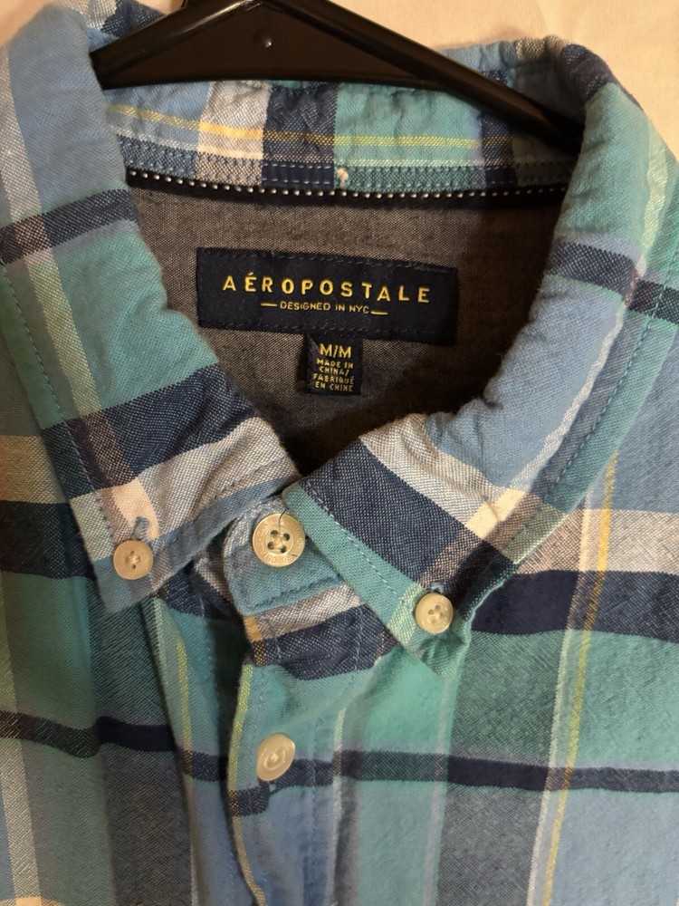 Aeropostale Mens M Medium Long Sleeve Shirt Blue/Green/White/Yellow Plaid