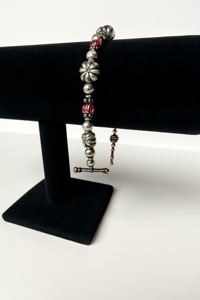 Vintage Silver Tone Flower Beaded Pink Stone Toggle Closure 7.5 Inch Bracelet